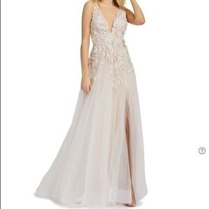 MAC DUGGAL Pastel Plunging Floral Embellished Tulle A-line Gown